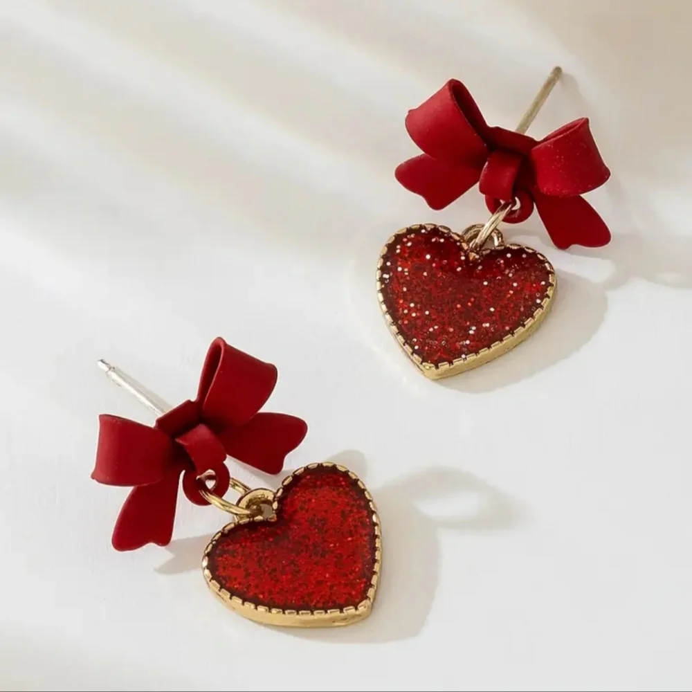 Red Heart & Bow Earrings Sparkling Alloy Gold Plated‎